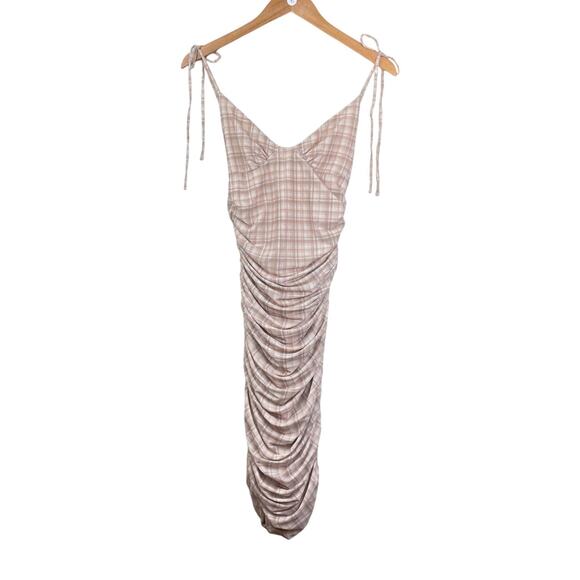 Wilfred Dresses & Skirts - Wilfred Tan Plaid Tie Spaghetti Strap Ruched Side V-Neck Lined Bodycon Dress